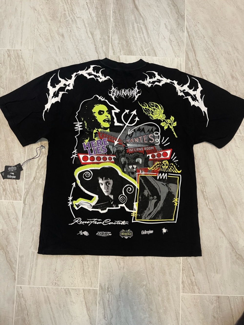 Black Graphic Short Sleeve Tee with Neon Mixed Print